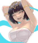  1girl :d armlet armpits arms_behind_head arms_up bare_shoulders black_hair blue_hair breasts cleavage collarbone colored_inner_hair eyelashes eyeshadow headpiece highres khali_(maplestory) light_blue_hair light_green_hair looking_at_viewer makeup maplestory medium_breasts mole mole_on_armpit mole_under_eye multicolored_hair multiple_moles open_mouth orangewink pink_eyeshadow short_hair smile solo strapless teeth two-tone_hair upper_body upper_teeth_only yellow_eyes 