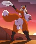  anthro anus big_breasts big_butt blonde_hair blue_eyes breasts butt canid canine clothing cloud cowboy_hat desert female fox genitals hair hat head_turned headgear headwear hi_res hill huge_breasts mammal nipples nude outside pihlaja pussy shadow sky solo sunset thick_thighs wide_hips wild_west 