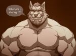  2023 abs anthro beard brown_background canid canine canis deltoids dialogue english_text eyebrow_scar facial_hair hi_res looking_aside male mammal monochrome mr_nellory muscular muscular_anthro muscular_male nipples notched_eyebrow pecs simple_background smile smirk solo text triceps wolf 