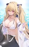  1girl absurdres anchorage_(azur_lane) anchorage_(dolphins_and_swim_lessons)_(azur_lane) azur_lane bare_shoulders bikini blush breasts hair_between_eyes hair_ribbon highres inflatable_orca inflatable_toy jacket large_breasts light_brown_hair long_hair looking_at_viewer official_alternate_costume open_mouth outdoors ribbon see-through see-through_jacket see-through_sleeves soar_sora222 swimsuit thighhighs thighs twintails very_long_hair white_bikini white_thighhighs 