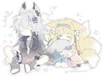  0_0 2girls animal_ear_fluff animal_ears arknights between_legs black_footwear black_jacket blue_hairband blue_skirt blush boots brown_footwear brown_jacket closed_eyes closed_mouth commentary_request fox_ears fox_girl fox_tail grey_hair hair_between_eyes hair_brush hairband hand_between_legs holding holding_brush jacket kitsune lappland_(arknights) long_hair long_sleeves multiple_girls naguru_(cyoroama) nose_blush open_clothes open_jacket puffy_long_sleeves puffy_sleeves shoes signature simple_background skirt sleeves_past_wrists suzuran_(arknights) suzuran_(spring_praise)_(arknights) sweat tail two_side_up very_long_hair white_background 