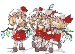  1girl 4girls anger_vein blonde_hair blue_gemstone brown_footwear buttons clone closed_eyes collared_shirt crying flandre_scarlet frilled_hat frilled_shirt frilled_skirt frilled_sleeves frilled_wristband frills gem green_gemstone hair_between_eyes hat hat_ornament hat_ribbon jewelry kneehighs medium_hair mob_cap multiple_girls neckerchief open_mouth poking poking_nose ponytail puffy_short_sleeves puffy_sleeves pulling red_eyes red_gemstone red_ribbon red_skirt red_vest ribbon shinmon_akika shirt shoes short_sleeves side_ponytail simple_background skirt socks standing sweat sweatdrop tears teeth torn torn_clothes touhou veins vest waist_ribbon white_background white_headwear white_ribbon white_shirt white_socks white_wristband wings wristband yellow_neckerchief 
