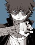  1boy blue_background blue_eyes boku_no_hero_academia burn_scar coat dabi_(boku_no_hero_academia) hair_between_eyes male_focus monochrome multiple_piercings multiple_scars rnuyvm scar scar_on_hand scar_on_neck shirt short_hair simple_background solo spiked_hair spot_color stapled stitches upper_body wrinkled_skin 