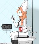  abbi_(kilinah) absurd_res anthro bathroom beverage bottomwear bottomwear_down breasts butt cel_shading cellphone clothed clothing coffee coffee_mug container cup digital_media_(artwork) english_text female frown green_eyes hair hi_res holding_object holding_phone lagomorph legwear leporid looking_at_object looking_at_phone mammal necktie notmypornaccount orange_hair panties panties_down pants pants_down partially_clothed phone public_restroom rabbit restroom_stall shaded shirt sitting smartphone solo suit suspenders tail text toilet toilet_paper toilet_paper_dispenser toilet_use topwear underwear underwear_down 