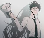  1boy ahoge black_necktie black_pants brown_eyes collared_shirt danganronpa_(series) danganronpa_3_(anime) eyepatch grey_background highres hinata_hajime holding holding_megaphone kamukura_izuru male_focus megaphone necktie no_jacket pants shadow shirt short_hair solo spoilers white_shirt yeol-ya_(yeolya_51) 