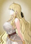  1girl belly_chain belt black_ribbon blonde_hair blue_eyes bracelet breasts brown_belt character_request commentary copyright_request cowboy_shot dress grey_dress hair_ribbon jewelry jun_(seojh1029) large_breasts long_hair neck_ring ribbon smile solo standing very_long_hair 
