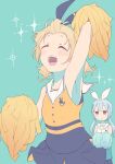  2girls :d ^_^ aqua_background arm_up armpits bare_arms bare_shoulders blonde_hair blue_eyes blue_hair blush cheerleader closed_eyes gochuumon_wa_usagi_desu_ka? hair_ornament hetareeji highres holding holding_pom_poms hoto_cocoa jitome kafuu_chino light_blue_hair long_hair low_twintails multiple_girls open_mouth pom_pom_(cheerleading) sailor_collar shirt short_hair short_twintails simple_background skirt sleeveless sleeveless_shirt smile sparkle twintails white_sailor_collar x_hair_ornament 