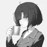  1girl blunt_bangs cup eki_doki greyscale highres holding holding_cup looking_at_viewer monochrome original pajamas parted_lips short_hair solo 