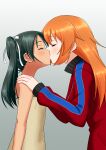  2girls blush breasts charlotte_e._yeager closed_eyes francesca_lucchini green_hair hair_ribbon hands_on_another&#039;s_shoulders jacket kiss kunashiri_(etorofu) large_breasts long_hair multiple_girls orange_hair ribbon sleeveless small_breasts strike_witches track_jacket twintails world_witches_series yuri 