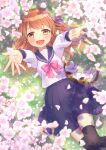  1girl animal blush braid cat cherry_blossoms falling_petals hair_ribbon ibuki_ena long_hair long_sleeves lying on_back open_mouth orange_eyes orange_hair original petals pleated_skirt reaching reaching_towards_viewer ribbon school_uniform serafuku skirt smile solo thighhighs 