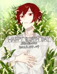  1boy buttons character_name collared_shirt commentary_request dated fingernails grass hagiwara_daisuke hand_on_own_stomach happy_birthday hori-san_to_miyamura-kun long_sleeves looking_at_viewer lying male_focus on_back open_collar outstretched_hand parted_lips red_eyes red_hair sengoku_kakeru shirt short_hair solo upper_body white_shirt 