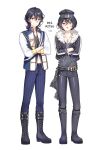  2boys black_footwear black_hair black_headwear black_jacket black_pants black_shirt blue_pants boots brothers character_name closed_mouth cosplay costume_switch cross cross_necklace crossed_arms ensemble_stars! full_body grey_background grey_shirt highres jacket jewelry kangyui looking_at_viewer male_focus multiple_boys necklace open_mouth pants red_eyes sakuma_rei_(ensemble_stars!) sakuma_ritsu shirt siblings smile 