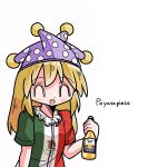  blonde_hair closed_eyes clownpiece corona_(brand) happy hat jester_cap kasuya_baian long_hair mexican_flag_dress mexican_flag_print mexico neck_ruff open_mouth polka_dot pom_pom_(clothes) purple_headwear short_sleeves simple_background spanish_text touhou white_background 