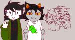  2_horns :3 alien animal_humanoid black_clothing black_hair black_shirt black_topwear buckteeth cat_humanoid clothed clothing coat cute_fangs dialogue duo english_text eyewear felid felid_humanoid feline feline_humanoid female female/female front_view fully_clothed gesture glasses green_clothing green_coat green_topwear grey_background grey_body grey_skin hair hi_res homestuck horn human humanoid john_egbert june_egbert lgbt_pride looking_at_viewer mammal mammal_humanoid ms_paint_adventures multiple_images nepeta_leijon not_furry pride_colors rectangular_glasses shirt sillykitty136 simple_background sketch teeth text topwear trans_(lore) trans_woman_(lore) transgender_pride_colors troll_(homestuck) waving webcomic white_body white_skin yellow_sclera 