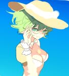  1girl bikini blue_background bow bowtie breasts cleavage closed_mouth glasses green_eyes green_hair hat looking_at_viewer medium_breasts pandoria_(xenoblade) pointy_ears short_hair sketch smile solo stephanieh81080 strapless strapless_bikini sun_hat swimsuit unfinished upper_body white_bikini xenoblade_chronicles_(series) xenoblade_chronicles_2 