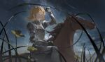  1girl armor blonde_hair comet don_quijote don_quixote_(limbus_company) field flower grass hand_up highres horse horseback_riding limbus_company liyln02617464 looking_to_the_side milky_way night night_sky outdoors parted_lips project_moon riding rocinante short_hair sky solo star_(sky) yellow_eyes yellow_flower 