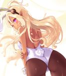 1girl animal_ears arm_at_side back bare_arms bare_shoulders blonde_hair breasts cameltoe character_request closed_mouth cowboy_shot dark-skinned_female dark_skin fake_animal_ears fake_tail floating_hair from_behind hair_between_eyes hairband hand_on_own_arm highres kuro_(be_ok) leotard liquid_hair long_hair looking_at_viewer looking_back medium_breasts narrow_waist pantyhose pink_eyes playboy_bunny pointy_ears rabbit_ears rabbit_tail simple_background smile solo sound_voltex tail turning_head white_leotard white_wrist_cuffs yellow_background 