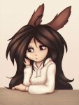  anthro clothing elronya fan_character female furniture hair hi_res hoodie lagomorph leporid long_hair mammal rabbit ronya sitting solo table topwear 