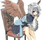  1girl :d bare_legs bird_wings blue_hair blush chair feet_out_of_frame ginnkei grey_hair hands_up happy head_wings highres horns layered_sleeves leaning_forward long_sleeves looking_at_viewer looking_to_the_side multicolored_hair petticoat red_eyes short_over_long_sleeves short_sleeves sitting skirt smile solo tokiko_(touhou) touhou two-tone_hair wide_sleeves wings 