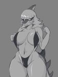  5_fingers absurd_res anthro bangs big_breasts bikini bone_frill breasts clenched_teeth clothed clothing dinosaur eyelashes female fingers fist frill_(anatomy) greyscale hadrosaurid hair hi_res i_wani_hug_that_gator kemisk_landfill long_hair looking_aside mia_(iwhtg) monochrome navel nipple_outline one-piece_swimsuit ornithischian parasaurolophus reptile scalie simple_background skimpy skimpy_bikini sling_bikini snout solo spiked_tail spikes spikes_(anatomy) standing swimwear tail teeth wide_hips 