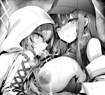  1boy 2girls absurdres atsuko_(blue_archive) baseball_cap blue_archive blush breasts closed_mouth clothes_lift cum cum_on_body cum_on_breasts cum_on_hair cum_string facial fellatio ffm_threesome gloves greyscale group_sex halo hat hetero highres hood hood_up hooded_jacket jacket large_breasts long_hair long_sleeves looking_at_viewer monochrome multiple_girls nipples oral paizuri penis saori_(blue_archive) shirt shirt_lift sleeveless sleeveless_shirt threesome uko_magi 