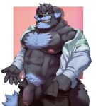 2022 abs anthro balls barazoku beard black_body black_fur blue_eyes blue_hair blue_highlights blue_tail_tip bodily_fluids body_hair bottomwear braxe canid canine canis chest_hair clothed clothing domestic_dog dripping facial_hair floppy_ears fur genital_fluids genitals hair hi_res highlights_(coloring) hugothecorgo jacket male mammal muscular muscular_anthro muscular_male nipples open_bottomwear open_clothing open_jacket open_pants open_topwear pants pecs portrait precum precum_drip solo three-quarter_portrait topwear 