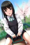  1girl :d absurdres black_dress black_hair blue_ribbon blurry blurry_background blush brown_eyes collared_shirt commentary_request day depth_of_field dress dutch_angle flower highres long_sleeves looking_at_viewer matsunaga_kouyou neck_ribbon nose_blush original outdoors pinafore_dress pink_flower pleated_dress ribbon school_uniform shirt sitting sleeveless sleeveless_dress slide smile solo tree white_shirt 