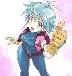 1girl :d allenby_beardsley belt blue_bodysuit blue_hair bodysuit breasts commentary_request g_gundam gloves green_eyes gundam jacket jewelry leaning_forward looking_at_viewer mitohakuren necklace short_hair skin_tight smile solo teeth thumbs_up upper_teeth_only yellow_eyes 