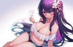  1girl blush breasts cleavage finger_heart hair_ornament heart hoshino_ai_(oshi_no_ko) kaptivate large_breasts long_hair looking_at_viewer navel open_fly oshi_no_ko pink_eyes purple_eyes purple_hair rabbit_hair_ornament short_shorts shorts sidelocks smile solo star-shaped_pupils star_(symbol) star_in_eye swimsuit swimsuit_under_clothes symbol-shaped_pupils symbol_in_eye thighs very_long_hair 