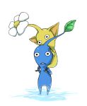 black_eyes blue_pikmin blue_skin carrying colored_skin commentary_request flower holding_another&#039;s_foot holding_another&#039;s_head leaf naru_(wish_field) no_humans no_mouth piggyback pikmin_(creature) pikmin_(series) pointy_ears triangle_mouth water white_background white_flower yellow_pikmin yellow_skin 