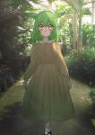  1girl akazhima alternate_costume alternate_hairstyle blush botanical_garden bush closed_mouth collared_dress commentary_request crossed_legs dress feet_out_of_frame fern flower green_hair highres indoors long_sleeves looking_at_viewer medium_hair pea_pod photo_background plant_request puffy_long_sleeves puffy_sleeves smile socks solo standing straight-on sunlight tree upturned_eyes voicevox white_flower white_socks yellow_dress yellow_eyes zundamon 