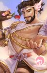  1boy arrow_(projectile) asian bara beard beckoning brown_hair cupid_hanzo facial_hair flower greek_clothes hanzo_(overwatch) holding holding_flower large_pectorals male_focus momo-deary muscular muscular_male official_alternate_costume outstretched_hand overwatch pectorals reaching_towards_viewer rose short_hair solo thick_eyebrows tiara underpec valentine 