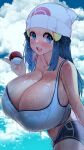  1girl bare_shoulders beanie blue_eyes blue_hair blush breasts cleavage cloud collarbone cowboy_shot dawn_(pokemon) dolphin_shorts hat highres holding holding_poke_ball huge_breasts long_hair looking_at_viewer open_mouth outdoors poke_ball pokemon pokemon_(game) pokemon_dppt shorts smile sumisumii tank_top wet wet_clothes white_headwear 