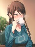  1girl absurdres blue_sweater blush breasts brown_hair commission cup drinking hair_ornament hairclip highres holding holding_cup indoors kiyakyuu long_hair long_sleeves medium_breasts mug nukigee_mitai_na_shima_ni_sunderu_watashi_wa_dou_surya_ii_desu_ka? orange_eyes pixiv_commission sitting solo steam sweater swept_bangs tadasugawa_rei upper_body 