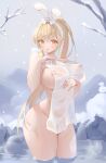  1girl absurdres animal_ears blonde_hair blush breasts fake_animal_ears highres large_breasts looking_at_viewer naked_towel navel nipples onsen original partially_submerged ponytail pussy rabbit_ears see-through snow solo steam tongue tongue_out towel water yellow_eyes zzo_(chorizzzzo) 