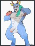  anthro balls blue_body blue_fur brown_eyes deer exsys fur genitals hi_res horn humanoid_genitalia humanoid_penis looking_at_viewer male mammal muscular muscular_male nipples nude penis simple_background solo tongue tongue_out 