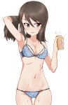  1girl blue_bra blush bra breasts brown_eyes brown_hair coffee_milk commentary_request girls_und_panzer kayabakoro lingerie long_hair mika_(girls_und_panzer) simple_background solo standing underwear underwear_only wet wet_hair white_background 