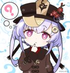  1girl ? black_headwear black_nails brown_jacket commentary_request cosplay flower genshin_impact hair_between_eyes hair_ornament hand_up head_tilt hu_tao_(genshin_impact) hu_tao_(genshin_impact)_(cosplay) jacket long_hair long_sleeves mitya nail_polish ofuda purple_eyes purple_hair qiqi_(genshin_impact) red_flower red_shirt shirt short_eyebrows solo spoken_question_mark thick_eyebrows twitter_username upper_body white_background 