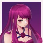  1girl alternate_costume bare_shoulders breasts cleavage closed_mouth criss-cross_halter expressionless fire_emblem fire_emblem_engage flower halterneck highres ivy_(fire_emblem) long_hair looking_at_viewer mole mole_under_mouth purple_eyes purple_hair rose solo upper_body very_long_hair zinnia-art 