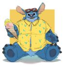  4_fingers 4_toes absurd_res aloha_shirt anthro blue_body blue_claws blue_fur blue_nose claws clothing dessert disney eyewear feet fingers food fur hi_res ice_cream lilo_and_stitch male notched_ear pattern_clothing pattern_shirt pattern_topwear shirt simple_background solo stitch_(lilo_and_stitch) sunglasses sur12ta_(artist) toe_claws toes topwear tuft 