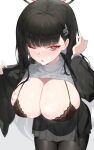  1girl black_hair black_pantyhose blue_archive blush breasts bright_pupils chung1000 cleavage cowboy_shot hair_ornament hairpin halo large_breasts long_hair long_sleeves one_eye_closed pantyhose parted_lips red_eyes rio_(blue_archive) solo sweater white_pupils white_sweater 