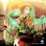  1girl apron aqua_rose bow building collared_dress dirty_hands dress evillious_nendaiki false_smile floral_print florist flower flower_basket green_bow green_hair hair_flower hair_ornament hatsune_miku headdress house leaf long_hair mario_gagabriel mikulia_calgaround pink_flower plateau_no_hana_(vocaloid) red_ribbon ribbon smile solo symbolism town twintails very_long_hair vocaloid walking yellow_flower 