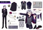  1boy belt black_footwear black_jacket black_pants buttons character_name closed_mouth collared_shirt copyright_name ear_piercing earrings formal full_body fuwa_minato fuwa_minato_(2nd_costume) grey_hair grey_vest jacket jewelry long_sleeves looking_at_viewer male_focus multicolored_hair necklace necktie nijisanji official_art one_eye_closed open_clothes open_jacket pants piercing pink_hair purple_eyes purple_hair purple_necktie purple_shirt reference_sheet ring second-party_source shirt shoes smile solo streaked_hair striped striped_vest suit tachi-e tomatsukaze vertical-striped_vest vertical_stripes vest virtual_youtuber white_belt 