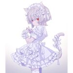  1girl absurdres animal_ears apron cat_ears cat_girl cat_tail dress frilled_apron frilled_dress frills frown goshi-san gradient_background grey_hair hair_ribbon hairband highres lace-trimmed_legwear lace_trim looking_at_viewer maid maid_headdress original own_hands_together red_eyes ribbon short_hair short_sleeves solo steepled_fingers tail tail_ornament tail_ribbon thighhighs white_apron white_dress white_ribbon white_thighhighs wrist_cuffs 