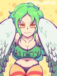  1girl artist_name bare_shoulders bird_legs blush_stickers breasts cleavage clothes_writing commentary crop_top feathered_wings feathers green_feathers green_hair green_tank_top green_wings harpy highres large_breasts long_hair looking_at_viewer midriff monet_(one_piece) monster_girl navel omegaluxifer one_piece pantyhose smile solo striped striped_pantyhose tank_top winged_arms wings yellow_background yellow_eyes 
