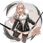 1girl animal_ear_fluff animal_ears arknights bare_shoulders black_jacket blush breasts brown_thighhighs commentary_request covered_collarbone cropped_legs dated gravel_(arknights) hair_between_eyes highres jacket k-yosinori long_hair looking_at_viewer medium_breasts off_shoulder open_clothes open_jacket pink_hair red_eyes shirt simple_background sleeveless sleeveless_shirt smile solo thighhighs torn_clothes torn_thighhighs very_long_hair white_background white_shirt 