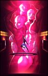  4girls abs alien asari_(mass_effect) ass blue_skin breasts character_request closed_eyes colored_skin commentary dress english_commentary fire highres jan_rockitnik large_breasts mass_effect_(series) mass_effect_2 medium_breasts multiple_girls muscular muscular_female parted_lips pole_dancing revealing_clothes underboob 