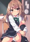  1girl beritabo black_dress black_socks blurry blurry_background blush bow brown_eyes brown_hair chair closed_mouth collared_shirt commentary_request depth_of_field dress dress_shirt green_bow hair_down highres hugging_own_legs indoors kantai_collection knee_up kneehighs long_hair long_sleeves michishio_(kancolle) on_chair panties pinafore_dress school_chair shirt sitting sleeveless sleeveless_dress smile socks solo underwear white_panties white_shirt 