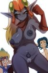  areola blonde_hair blood blue_hair bodily_fluids dark_body dark_skin elf eyebrows female group hair hi_res humanoid humanoid_pointy_ears jak jak_and_daxter keira_(jak_and_daxter) maia_acheron male multicolored_hair naughty_dog nipples nosebleed nude pubes raised_eyebrow seductive smile sony_corporation sony_interactive_entertainment sweat trio two_tone_hair white_hair wildblur 