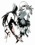  1girl bird bird_girl feathers frills from_side high_heels highres knees_up looking_to_the_side multicolored_hair northeast_mountain one_eye_covered original partially_colored personification petticoat secretarybird shoes single_shoe skirt snake solo spaghetti_strap streaked_hair talons winged_arms wings 